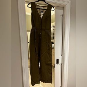 Anthropologie Romper one piece with belt and button up brownish green color